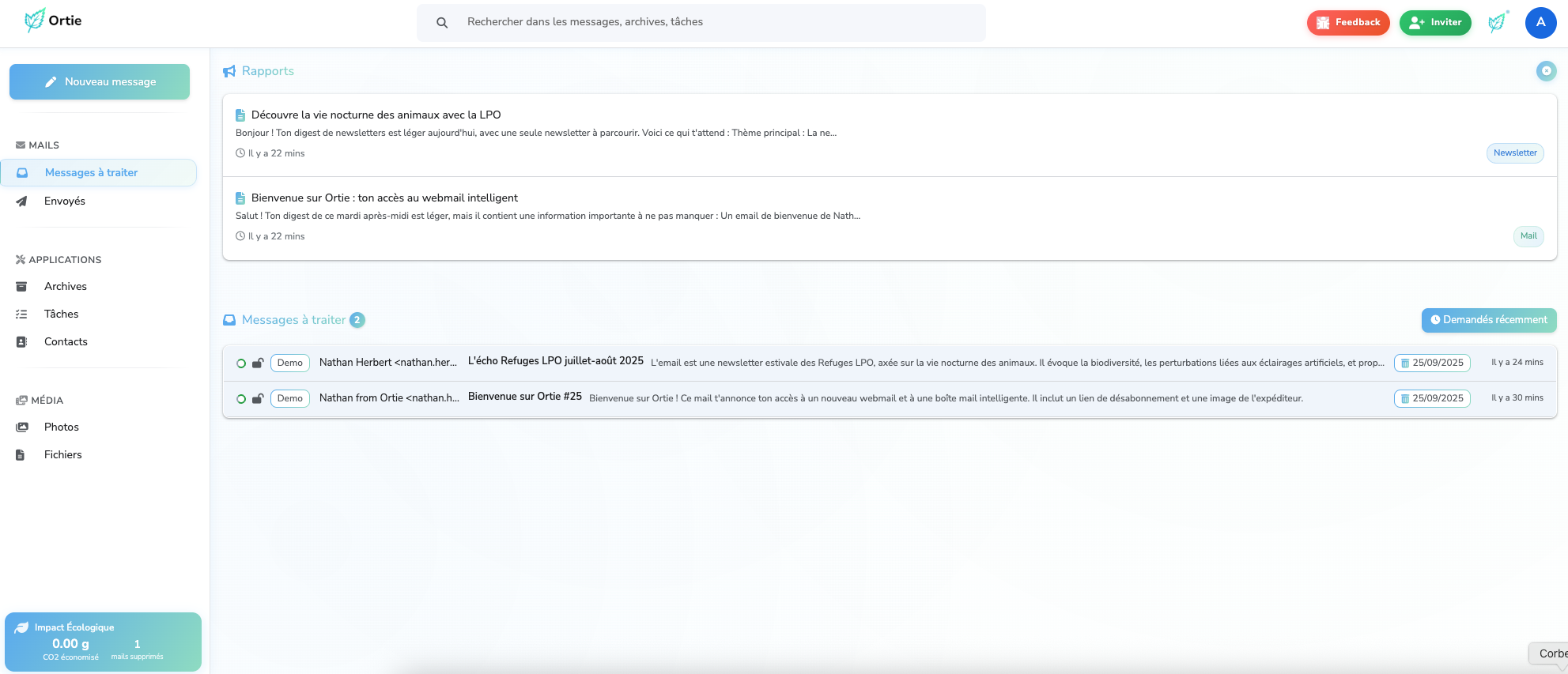 Interface principale d'Ortie - Webmail moderne avec IA